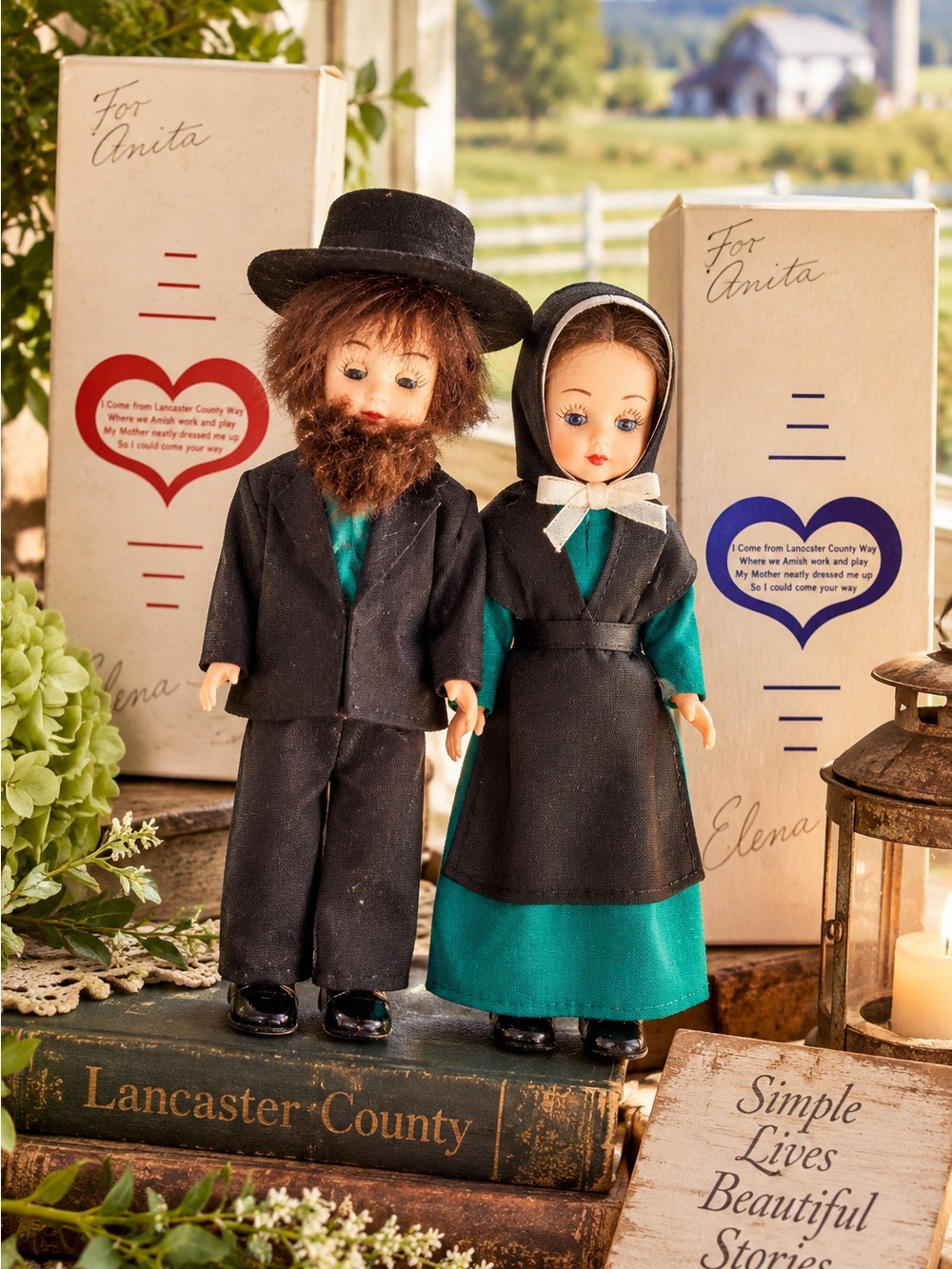 Vintage Lancaster County Amish Dolls Pair 7” Boy Girl Original Boxes Papers Penn